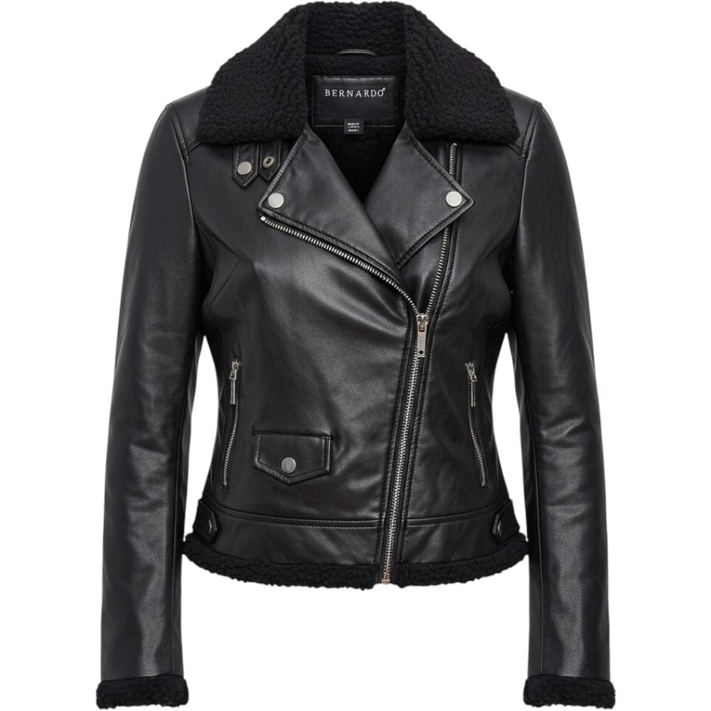 Bernardo Girls Black Faux Leather Sherpa Lined Moto Biker Jacket Size 14/16 NWT